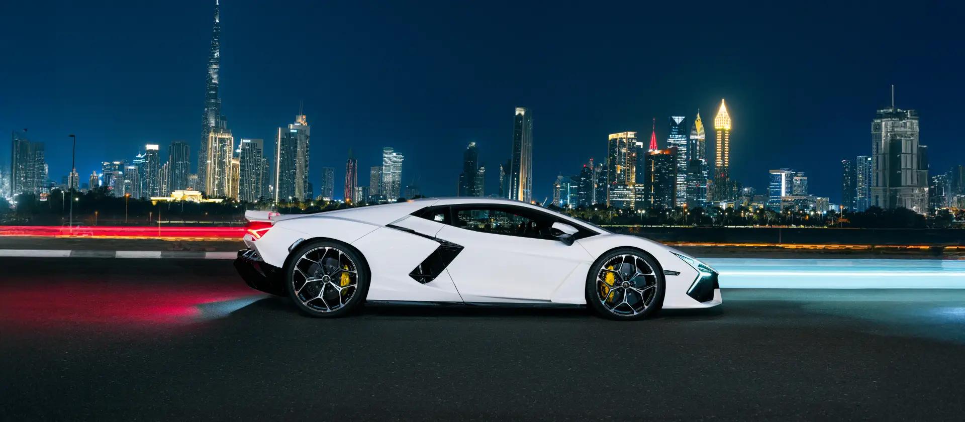 Lamborghini Revuelto hybrid super sports car in Bianco Monocerus in Dubai