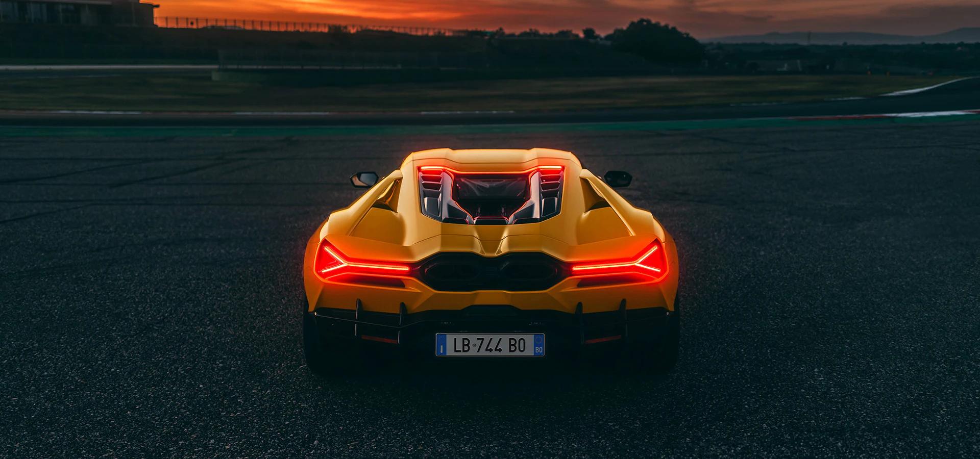 Rear view of Revuelto in Giallo Belenus highlighting Y-shaped taillights in Dubai