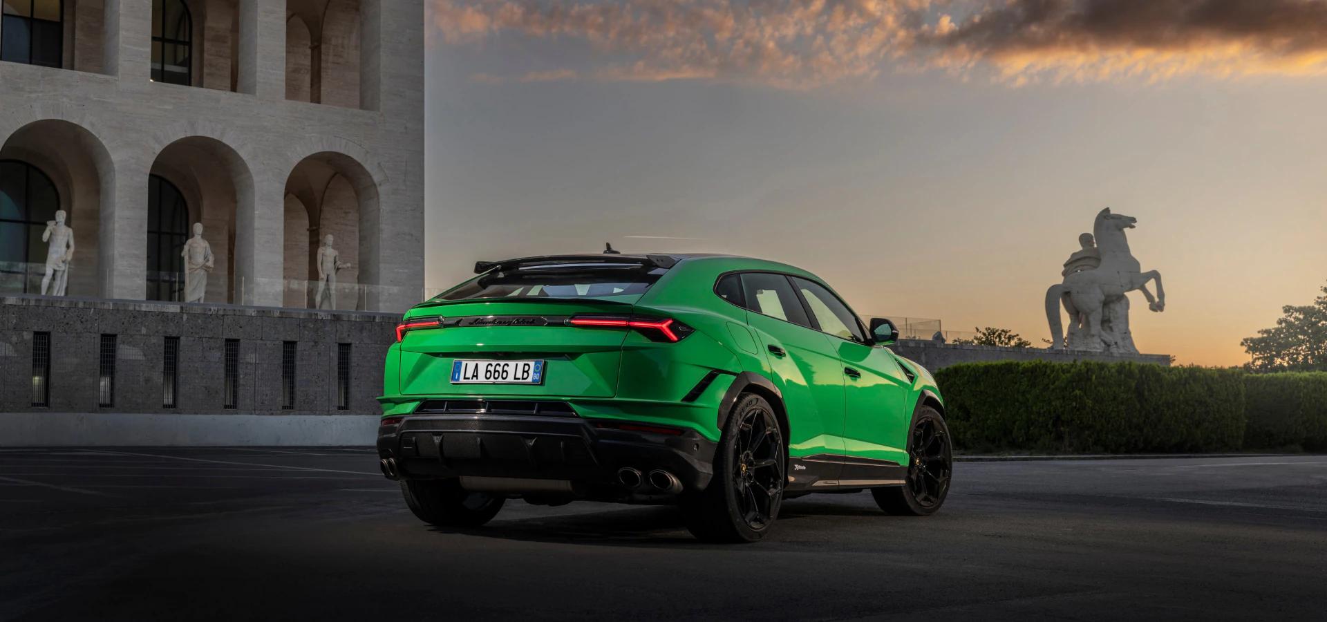A rear angle of Lamborghini Urus Performante in Verde Viper